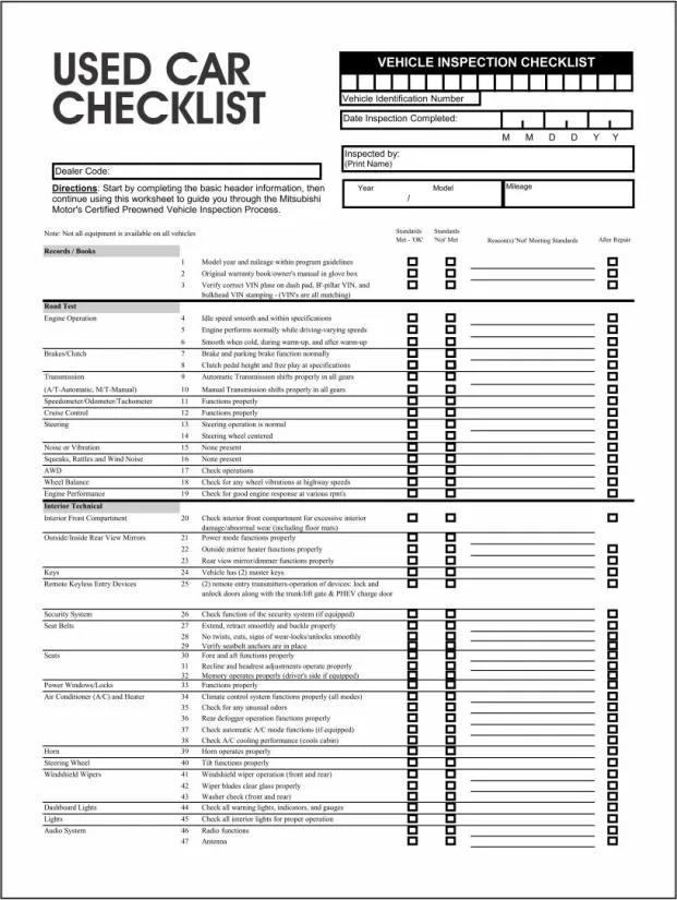 Used Vehicle Inspection Checklist Form