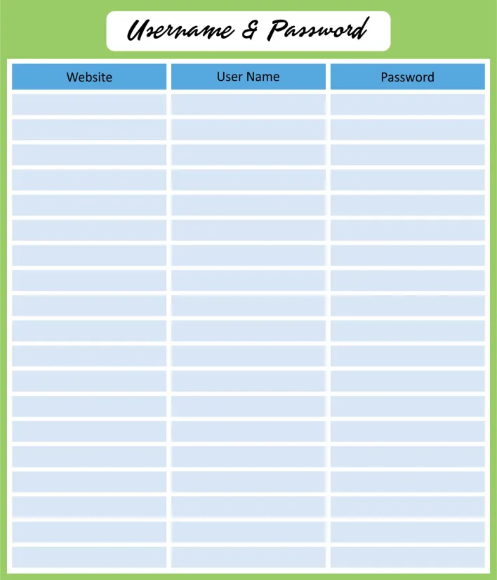 Username And Password Template Pdf