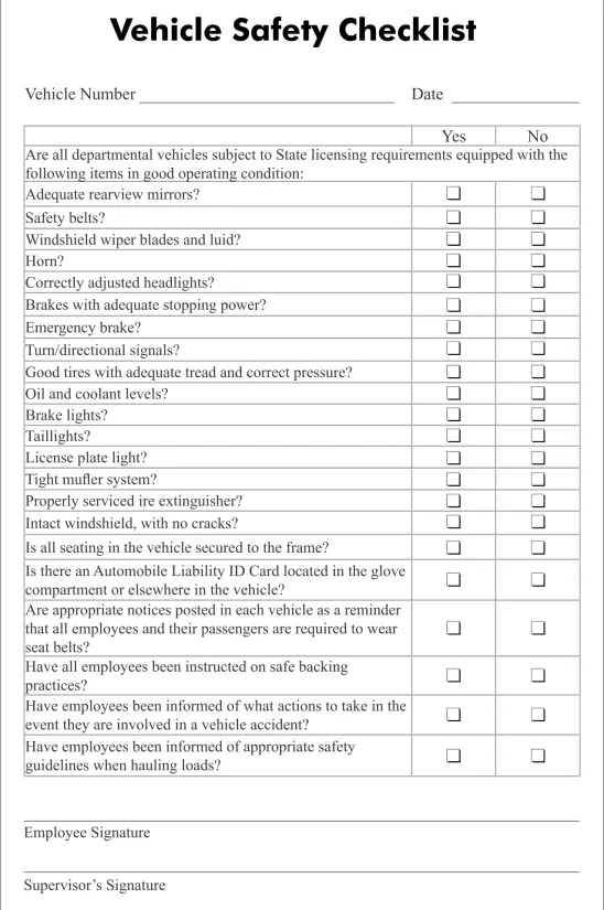 Vehicle Safety Inspection Checklist Form