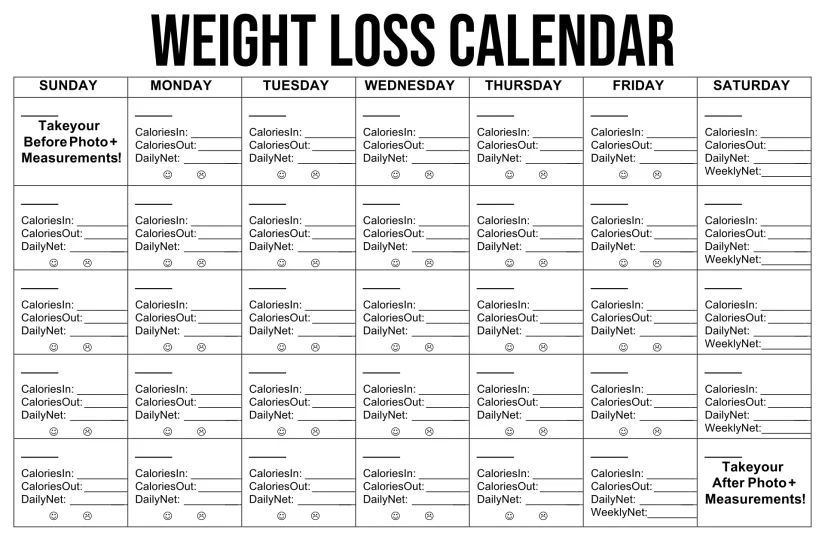 Weight Loss Calendar Printable