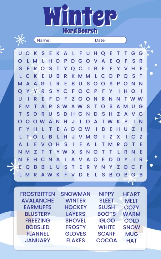 Winter Word Search Printable For Adults