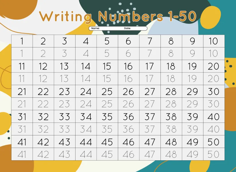 Writing Numbers 1-50 Printable Skill Sheets